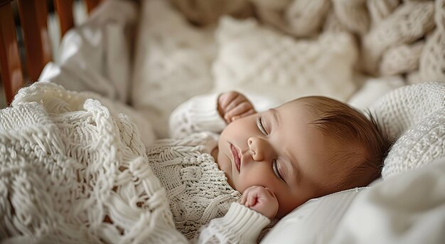 写真 ゆっくりとした新生児がベッドで眠っている