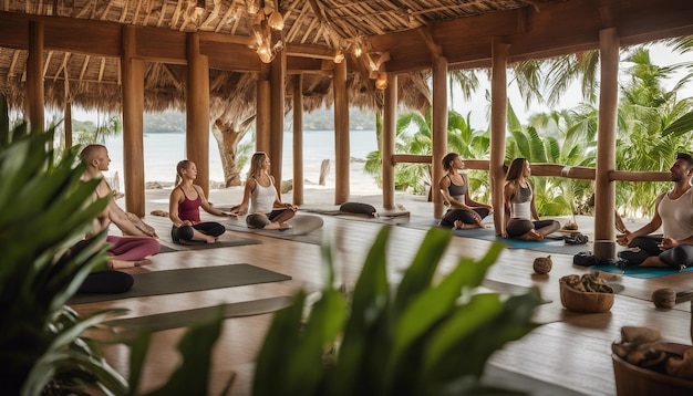 Фото Мирное место для йоги с занятиями на открытом воздухе, местами для медитации и тропической обстановкой.
