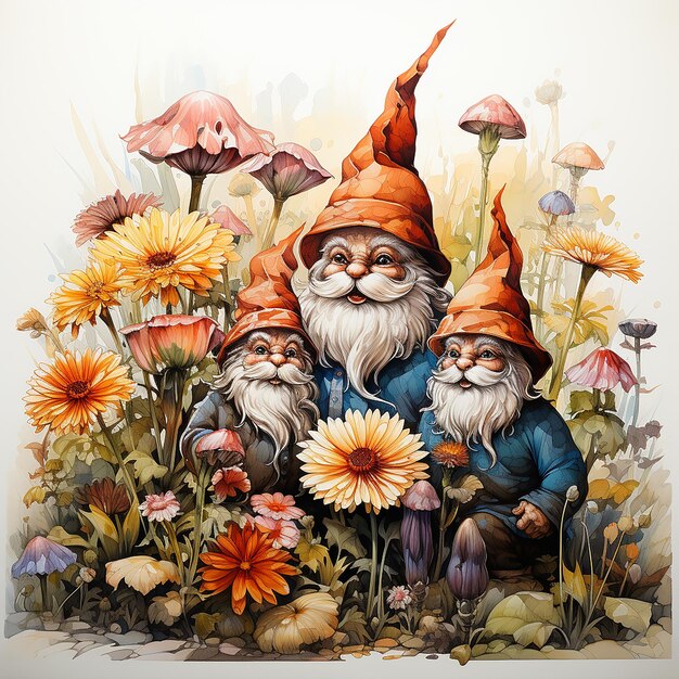 a_pencil_drawing_of_a_garden_gnomes_sitting_in_a_fiel