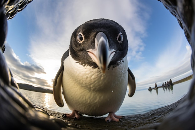 写真 ペンギンが水辺の岩の上に立っています