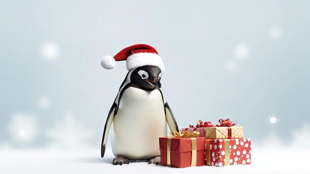 Фото Пингвин, стоящий с подарочной коробкой, носящий шляпу snata generative ai