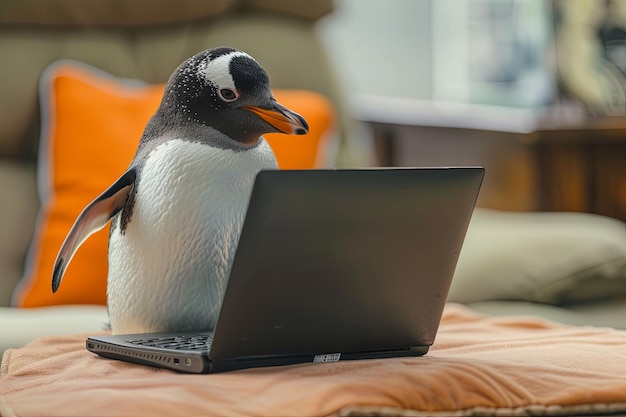 写真 ペンギンがラップトップでボードミーティングのプレゼンテーションの準備をしています