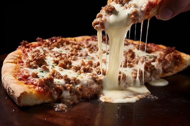 Фото Человек, погружающий кусочек мясной пиццы в соус ранчо