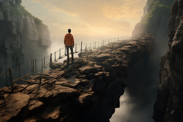 写真 2つの崖の間に橋を描いている人 generative ai
