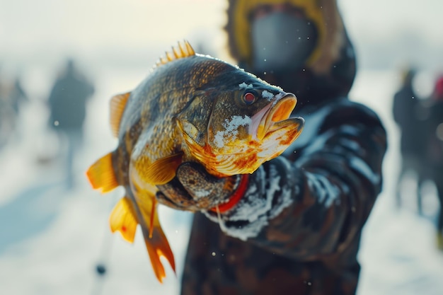 Фото Человек, держащий рыбу в заснеженном ландшафте это изображение может быть использовано для изображения зимних мероприятий или рыбалки в холодную погоду