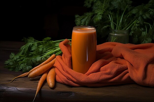 Фото Человек, держащий стакан морковного сока с полем морков на заднем плане