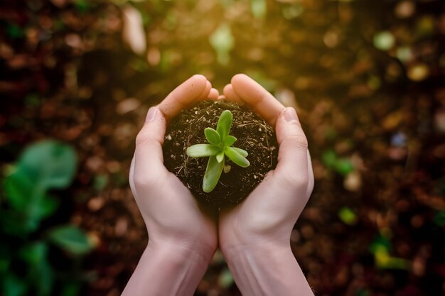 写真 小さな植物を手に持っている人