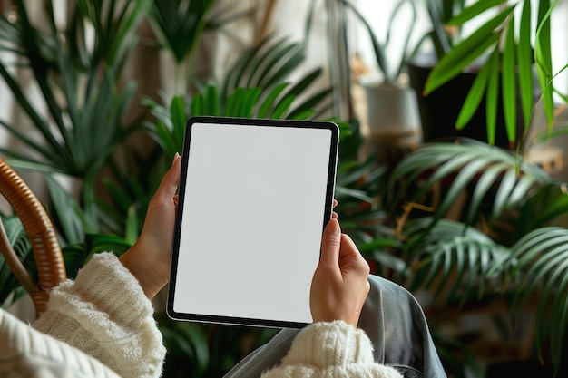 写真 タブレットを手に持っている人タブレットモックアップの空白画面ビデオコール