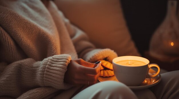 写真 クリスマスに家でコーヒーカップとクッキーを持つ人