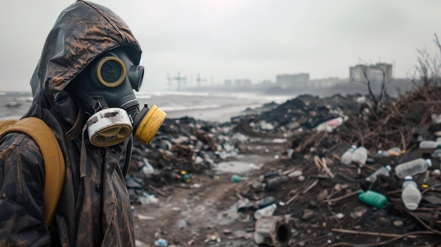 Фото Человек в костюме стоит в мусорной свалке.