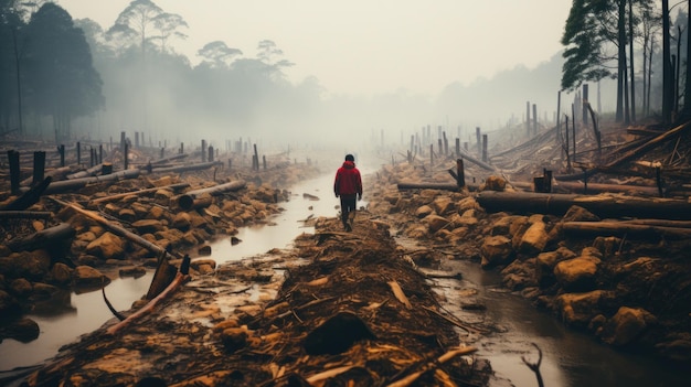 Фото Человек в красной куртке идет по грязной тропе.