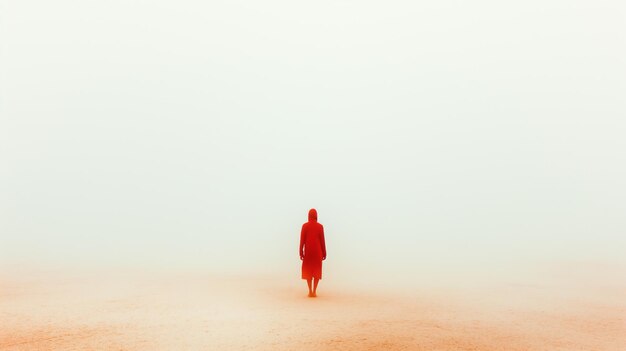 Фото Человек в красной куртке ходит по пустыне с туманом copy space