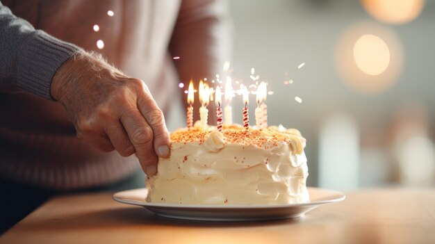 写真 ある人が ⁇ ろうそくで誕生日ケーキを照らしています ⁇