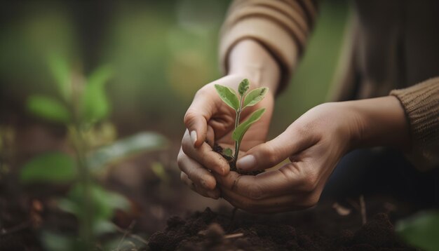 写真 人が土の中に小さな木を植えています。