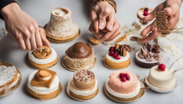 Foto a person is putting a plate of desserts on their head