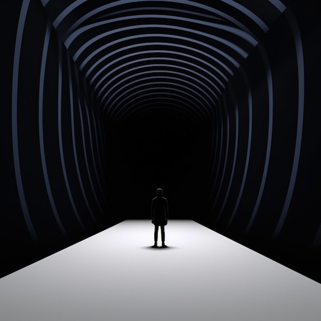Фото Человек стоит в темном туннеле с синим туннелем позади них
