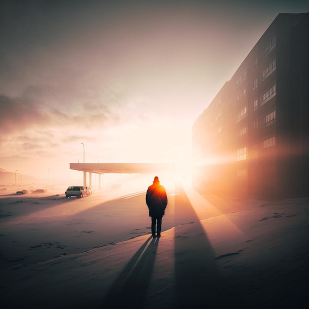 Фото Человек стоит на снегу перед зданием, на которое светит солнце.