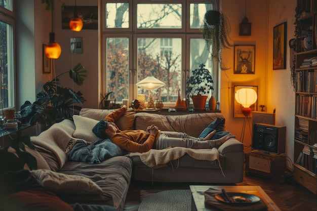 사진 편안한 거실에서 소파에 편안하게 누워있는 사람 편안한 주거실에서 함께하는 평화로운 순간