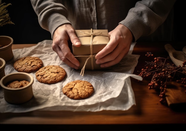 Фото Человек, упаковывающий в подарок домашнее овсяное печенье