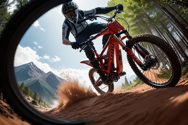 写真 山を背景に小道を自転車に乗る人