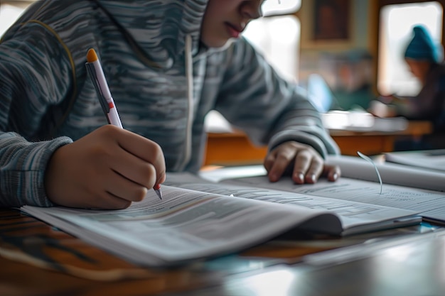 写真 テーブルに座って紙に書いている人