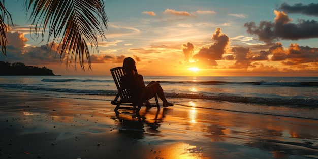 Фото Человек, сидящий на кресле на пляже, наслаждающийся закатом солнца в первый день выхода на пенсию