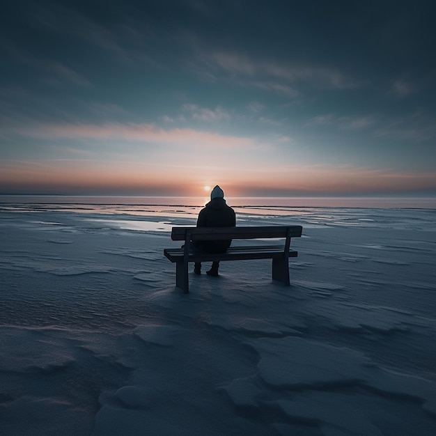 写真 雪の中、ベンチに座って太陽を眺める人