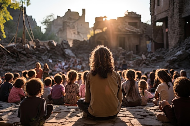 写真 空と建物を見上げている人々のグループの前で地面に座っている人