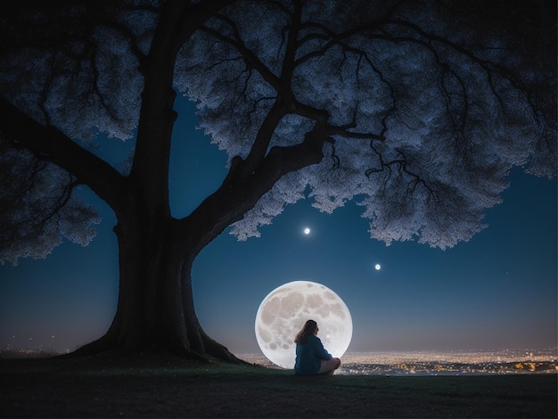 Фото Человек сидит под деревом под полной луной фон полнолуния красивый лунный свет