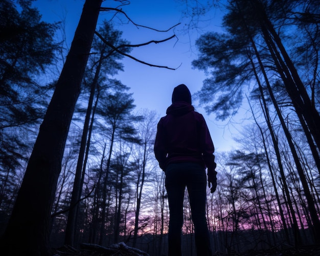 写真 夕暮れ時に森の真ん中に立つ人