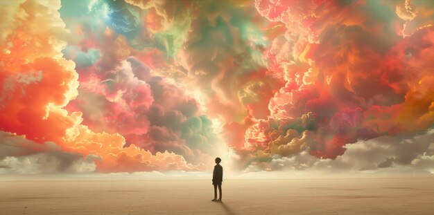 사진 한 사람 은 경외심 과 경이 를 불러일으키는 초현실적 인 다채로운 하늘 아래 서 있다