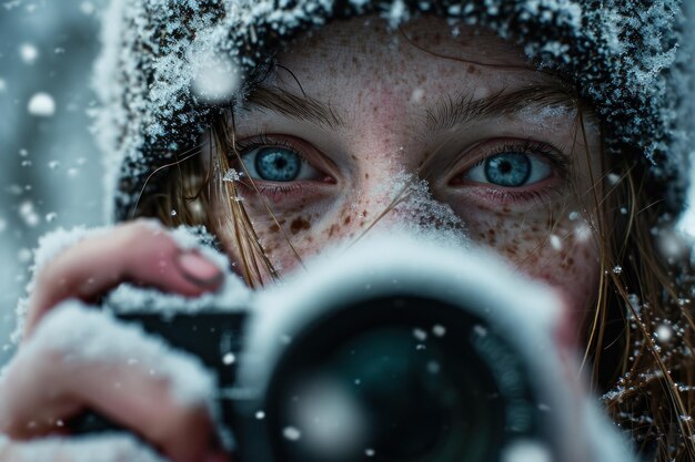 Фото Человек фотографируется со снегом