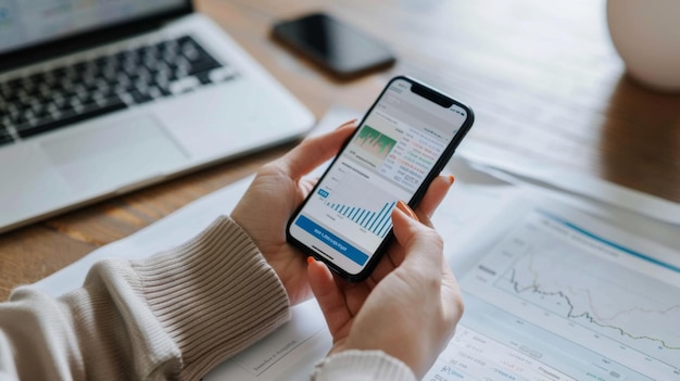 写真 スマートフォンを使って投資ポートフォリオや株式市場のパフォーマンスをチェックする人 - モバイル金融アプリの便利さを強調する