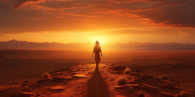 Фото Человек, идущий по пустыне с закатом на заднем плане