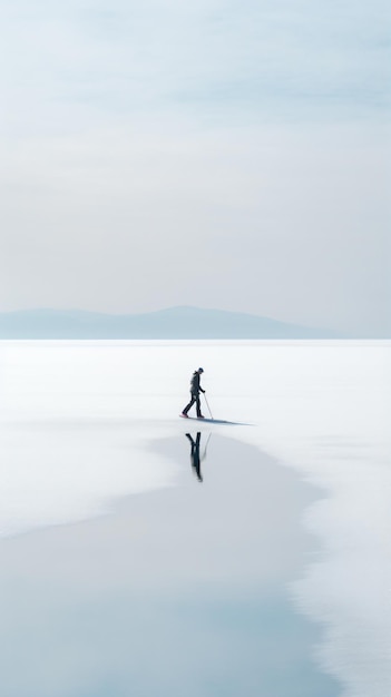 写真 凍った湖の上を歩く人