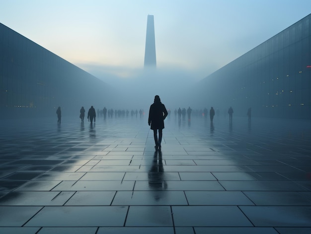 写真 霧の多い場所を歩いている人