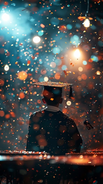 写真 卒業式のキャップをかぶった人が彼の後ろのライトで窓の前に立っています