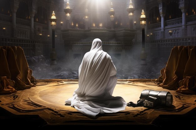 Фото Человек в белом платье сидит на сцене человек-паломник, совершающий хадж или умру перед кабалой