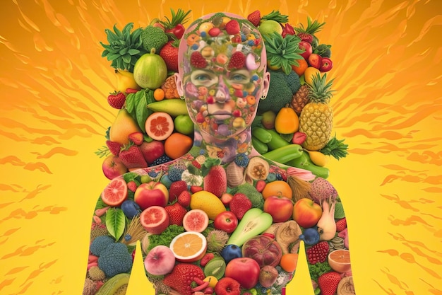 Фото Человек с неопределенной анатомией с разделенным на части телом, наполненным фруктами и овощами в стиле биоарт генеративный ии