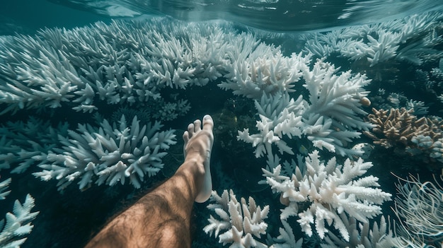 写真 水中 の やか な 白い サンゴ礁 の 上 に ある 人 の 裸足