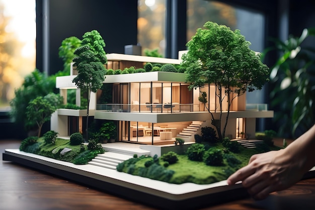 写真 ミニチュアの木を持つ近代的な家の詳細な建築モデルを調整する人の手