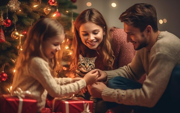 写真 可愛い猫とメリークリスマスを祝う家族の写真