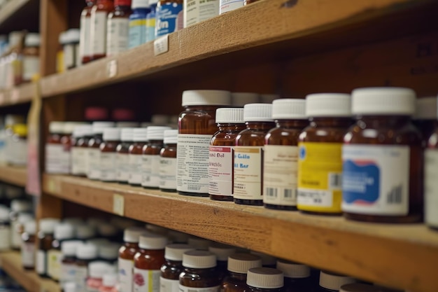 Фото Фотография, изображающая полку с разнообразными лекарственными препаратами, бутылки с лекарствами на аптечной полке, созданная ии