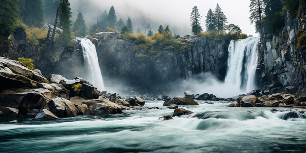 Фото Фотография, запечатлевающая драматический масштаб и перспективу водопада, когда он течет вниз по крутому