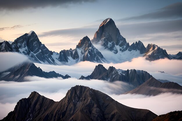 Фото На фото горный хребет с вихревым туманом и изрезанными вершинами на заднем плане