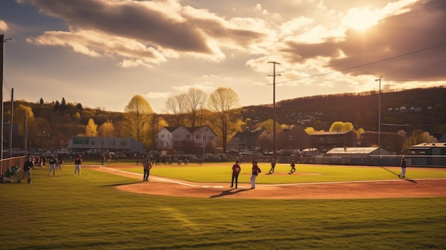 사진 작은 마을의 야구 경기장 황금 시간 조명의 사진