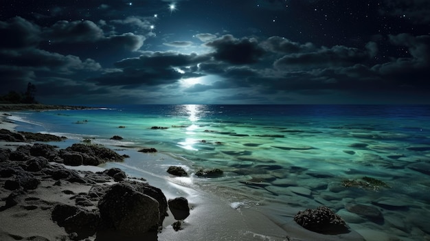 사진 생광 플랑크톤이 달빛 밤에 있는 해변의 사진