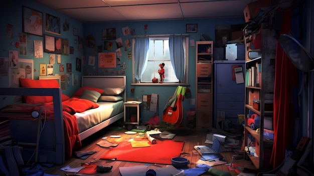 Фото Фото спальни с красным ковровым покрытием на выцветших синих стенах черный потолок кровать в самом углу комнаты с синим пуховым одеялом генератив ай