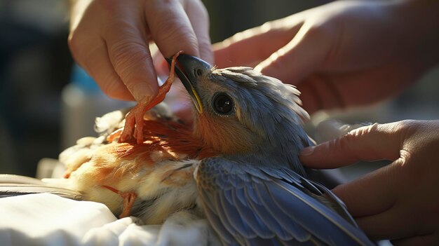 写真 翼の検査を受けている鳥の写真