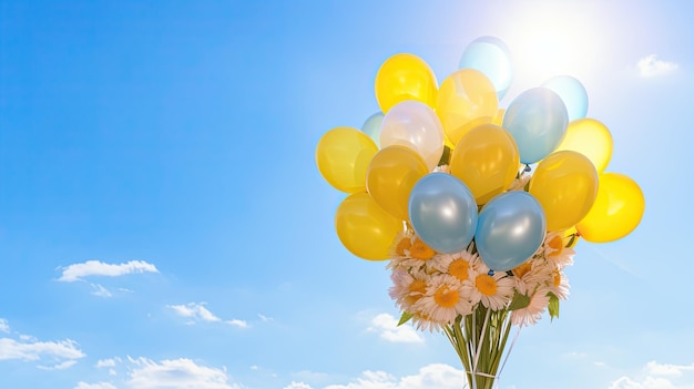 写真 青い空の背景の風船の花束の写真